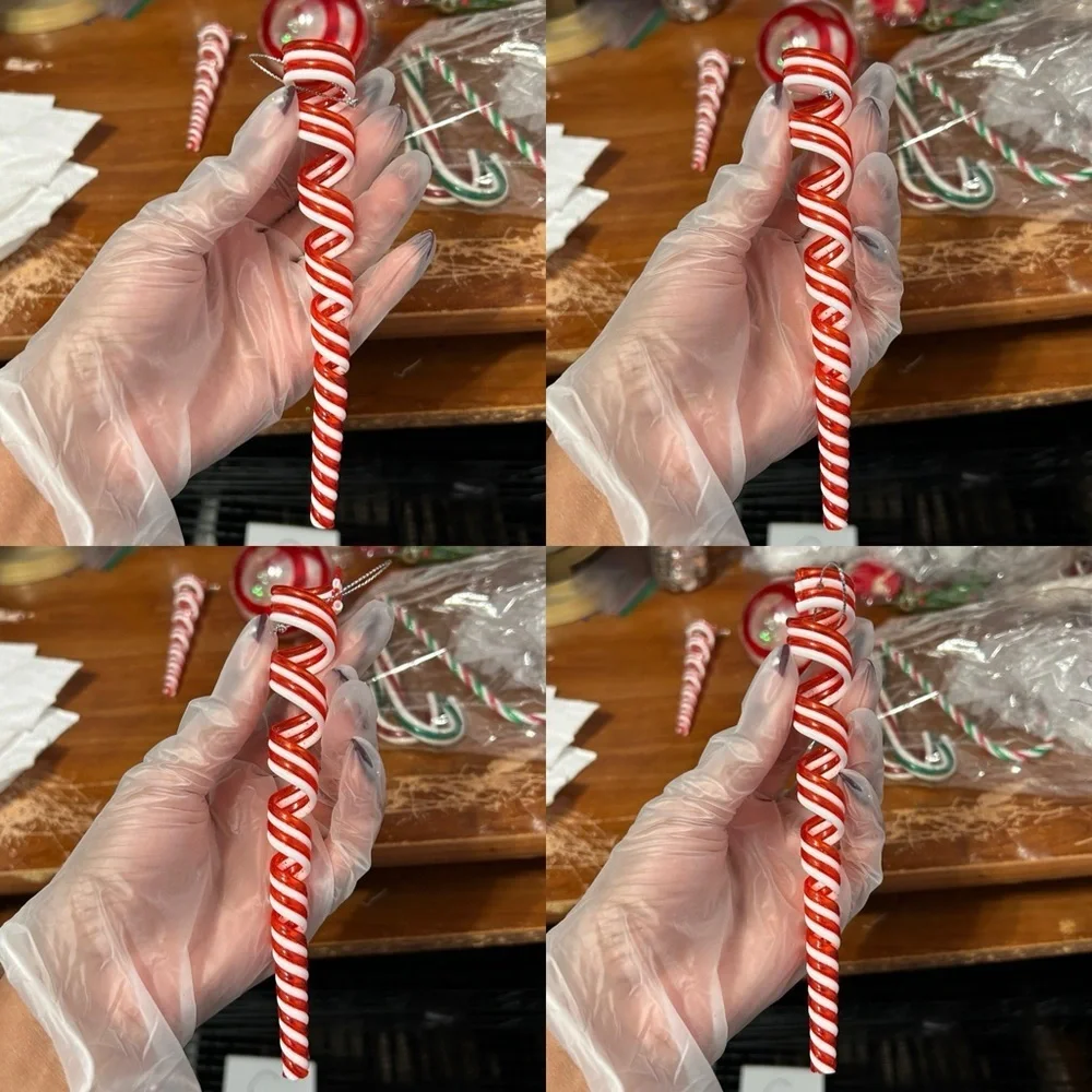 Red And White Striped Icicle and Bauble Christmas Ornaments - Set Of 3 -“Holly